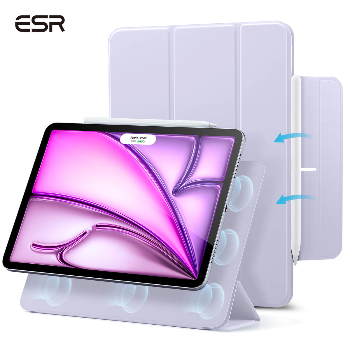 A purple magnetic folio case for an iPad Pro or Air with a stylus support shown next to the device.
