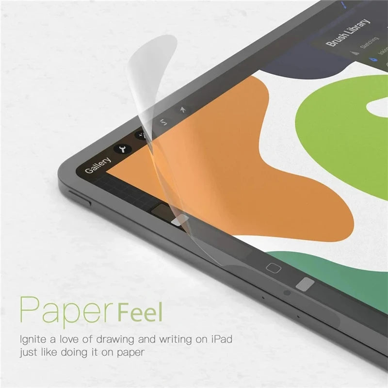 A close-up of an iPad screen showing a PaperFeel screen protector applied, demonstrating the feel of writing on paper.