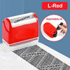 A red roller stamp is shown next to a clear container and a printed document, demonstrating its use for confidential document