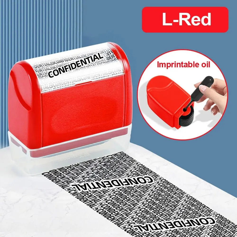 A red roller stamp is shown next to a clear container and a printed document, demonstrating its use for confidential document
