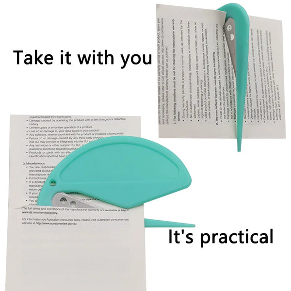 A teal letter opener tool is shown next to a document detailing warranty terms and conditions.