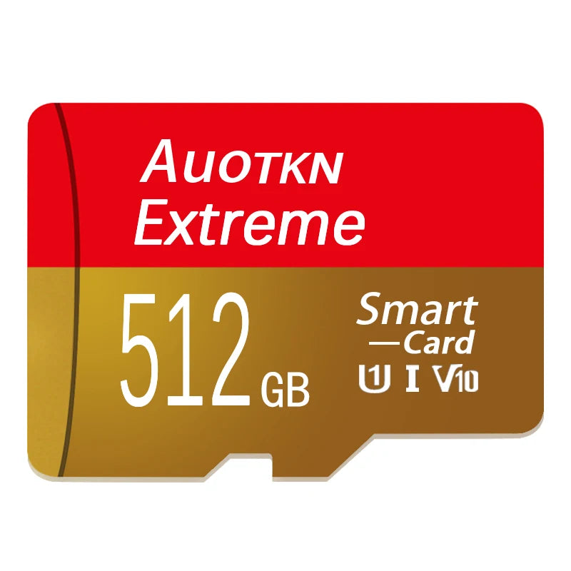 A red and gold card labeled Autkn Extreme with 512GB storage capacity and U I V10 compatibility.