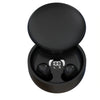 A pair of black wireless earbuds with a charging case, shown from above.