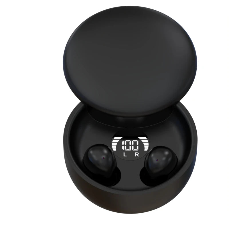 A pair of black wireless earbuds with a charging case, shown from above.