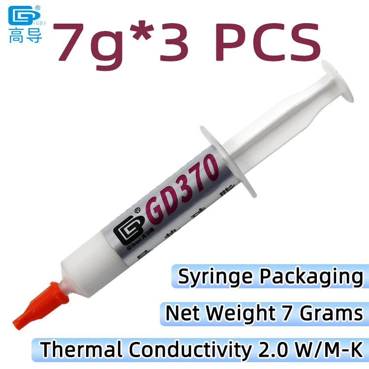 A syringe containing 7 grams of GD370 thermal conductive grease paste for high-performance applications.
