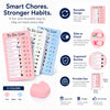 A set of reusable sliding chore charts and habit trackers in pink, white, and blue colors.
