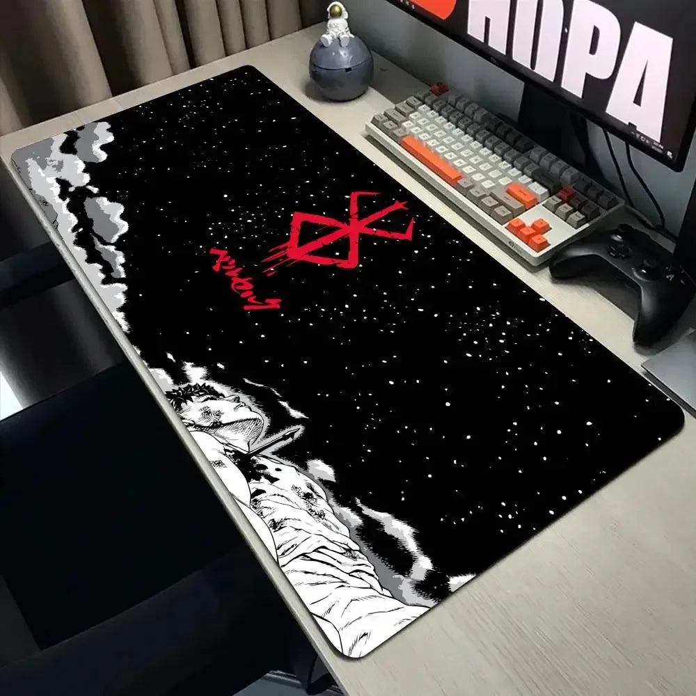 A large black mouse pad featuring a white silhouette of a figure against a starry night background and red stylized text.