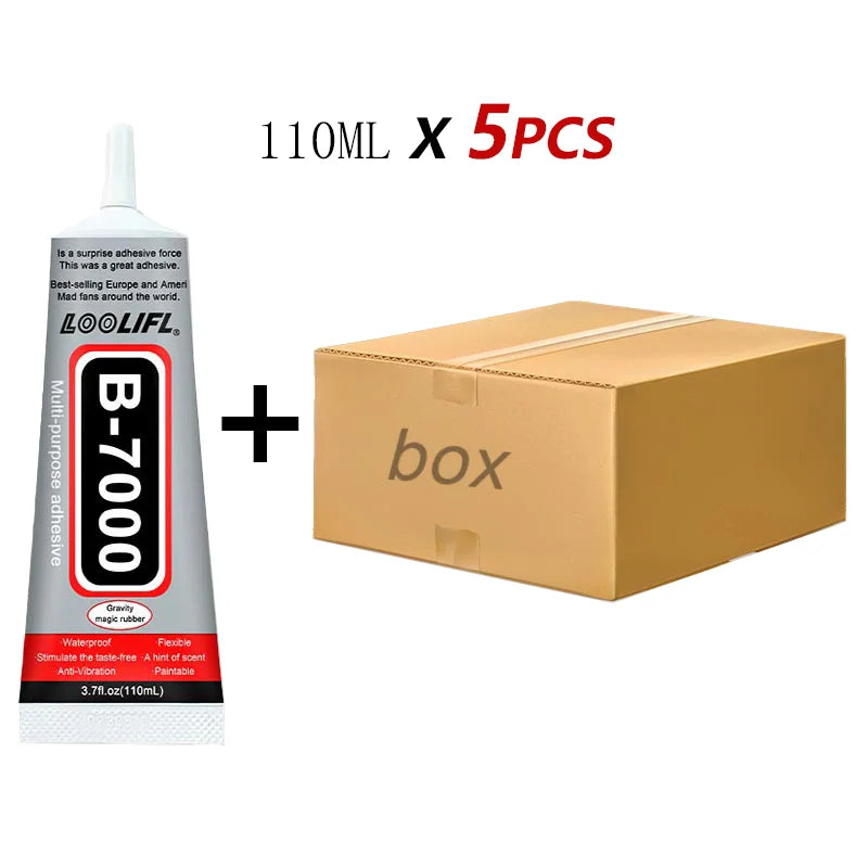 A bottle of B-7000 multi-purpose adhesive and a box containing five 110ml bottles of precision jewelry glue.