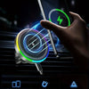 A hand holds a smartphone near a magnetic wireless car charger with an RGB ambient light, showing compatibility features.