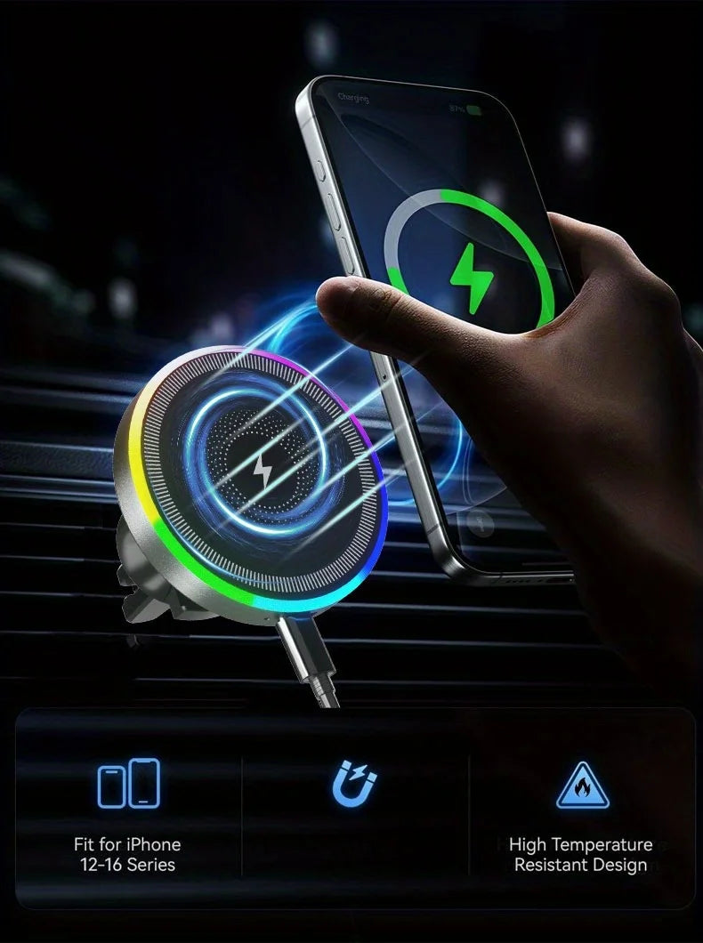 A hand holds a smartphone near a magnetic wireless car charger with an RGB ambient light, showing compatibility features.
