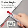 A hand is using a clear plastic pusher stapler with refill clips on a white paper, next to a small container of extra clips.