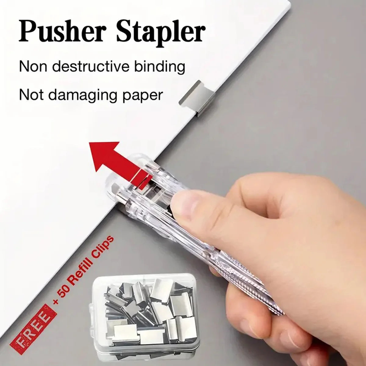 A hand is using a clear plastic pusher stapler with refill clips on a white paper, next to a small container of extra clips.