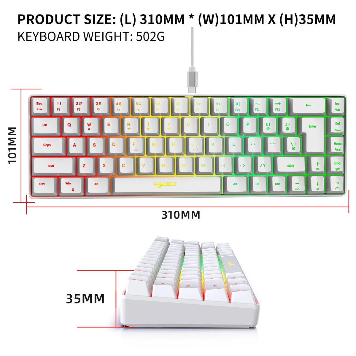 A white 68-key wired gaming keyboard with a silver switch and RGB backlight is shown from the top and side.