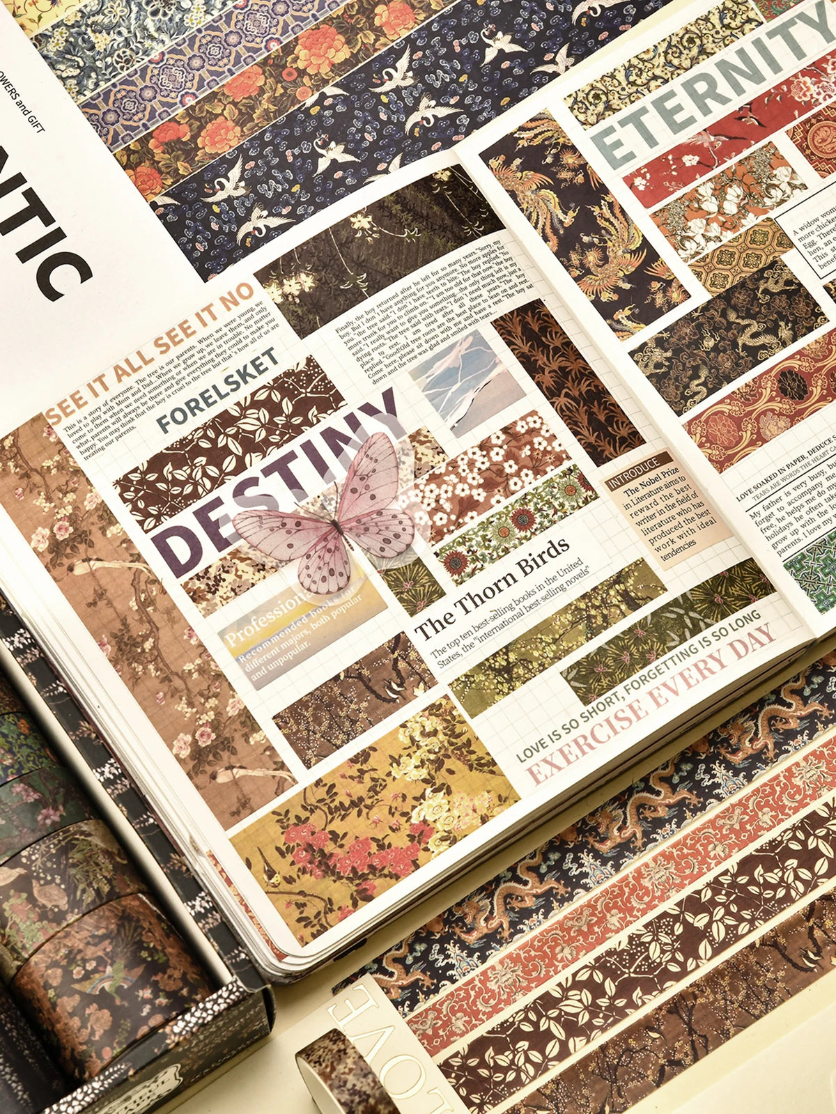A close-up of a vintage floral washi tape set featuring patterned paper designs and text