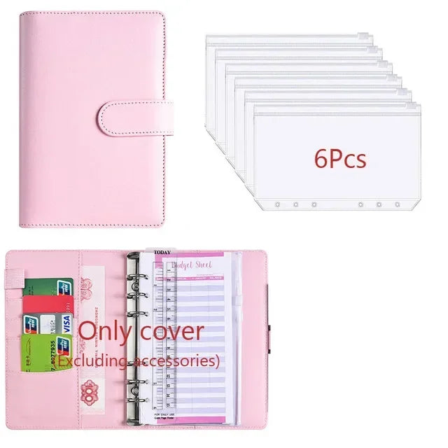 Pink budget planner with leather cover and envelope system shown alongside a stack of six identical covers