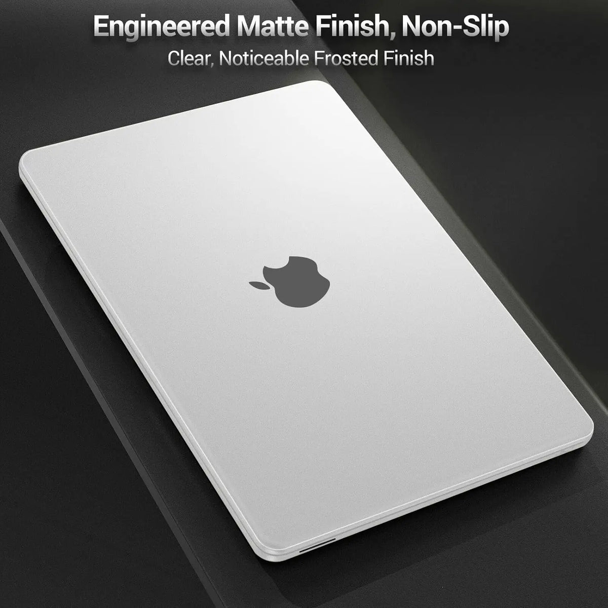 A white matte hard shell case for a MacBook, featuring an engineered matte finish and non-slip texture.