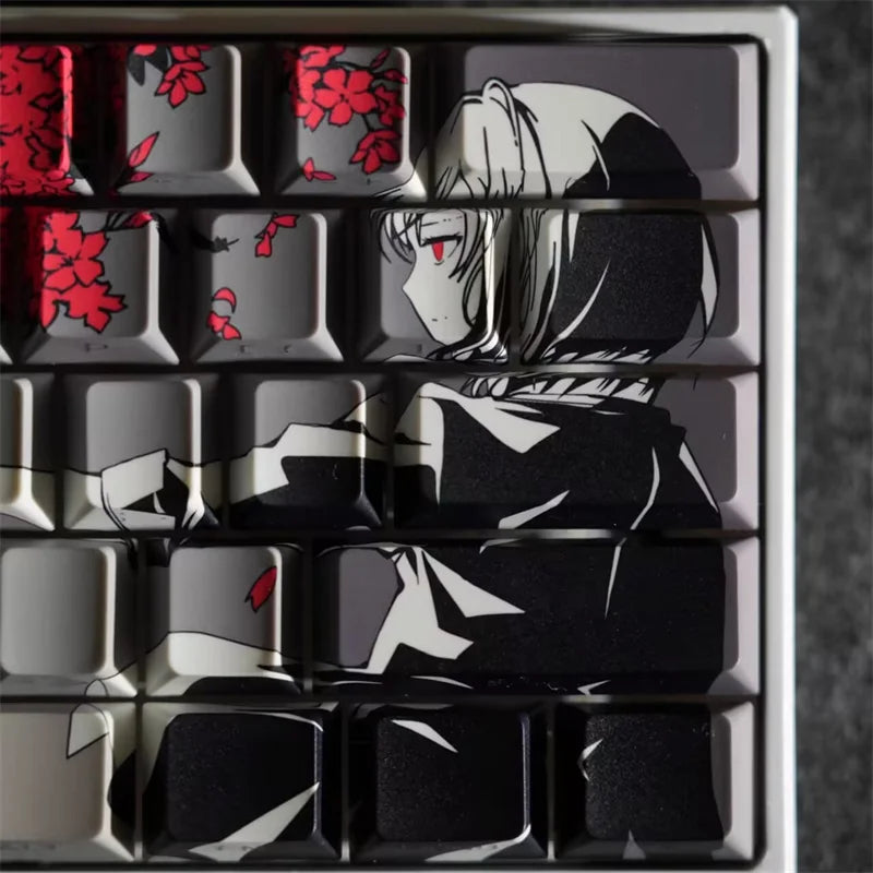 Anime character keycaps featuring a black and white design on a mechanical keyboard layout