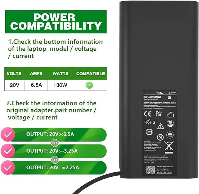 A black 130W USB-C laptop charger with compatibility information and output specifications.