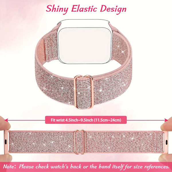 Pink sparkly elastic strap for Apple Watch with a glitter design