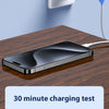 A black smartphone is shown being charged by a wall adapter, demonstrating fast charging capabilities.