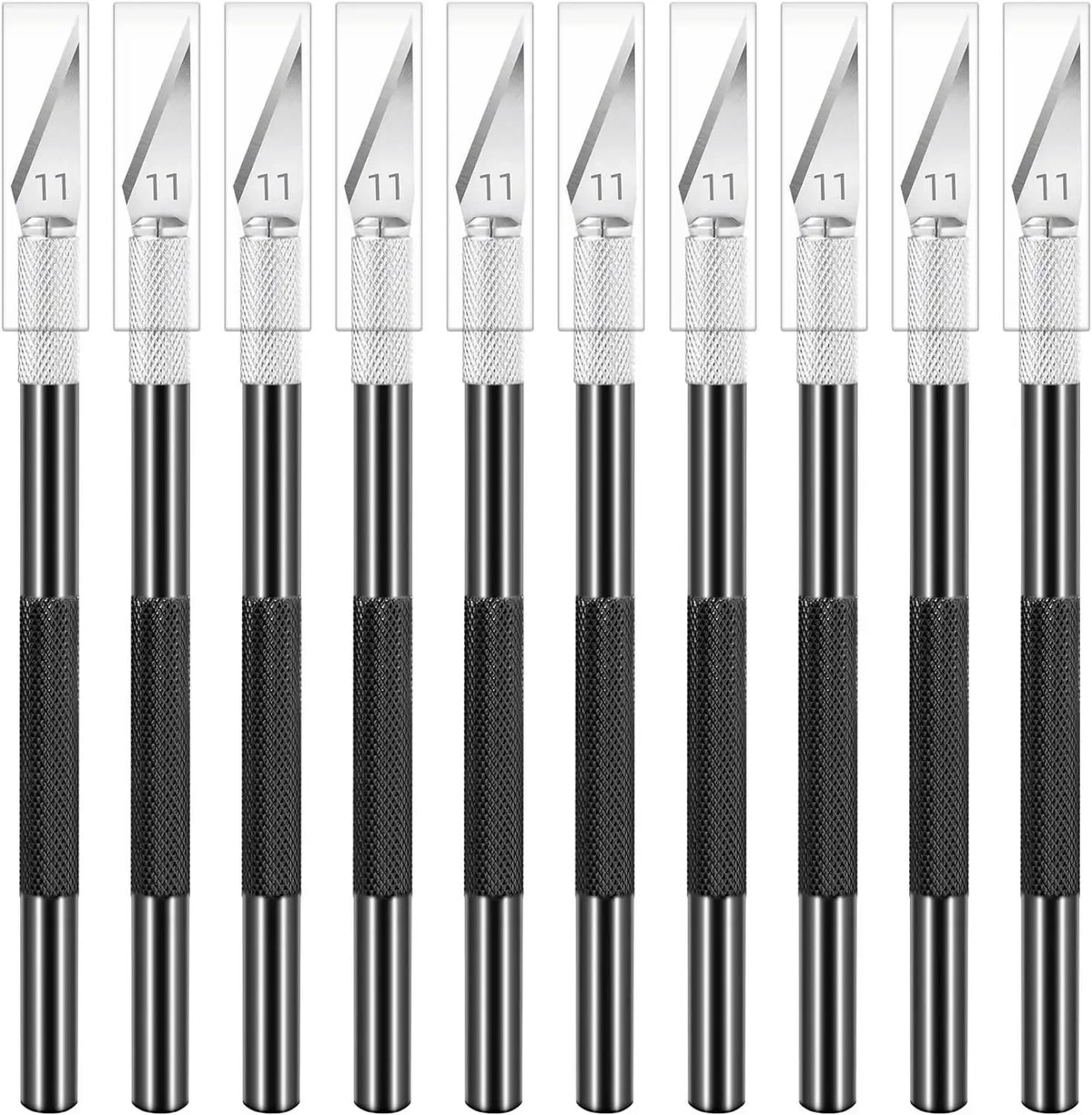 A set of ten precision craft knives with silver blades and black handles.