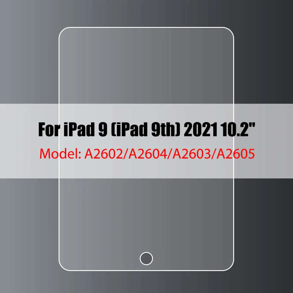 A clear glass screen protector for an iPad 9th generation device.