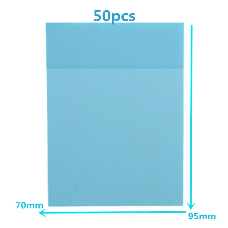 A rectangular sheet of light blue transparent sticky note memo pad with dimensions 70mm by 95mm.