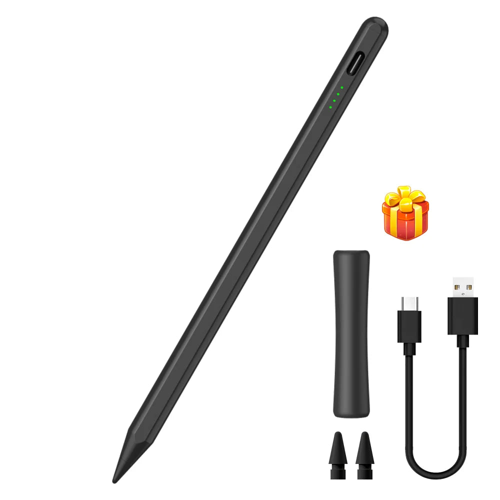 A black precision active stylus pen with a cap and two tips shown next to the device.