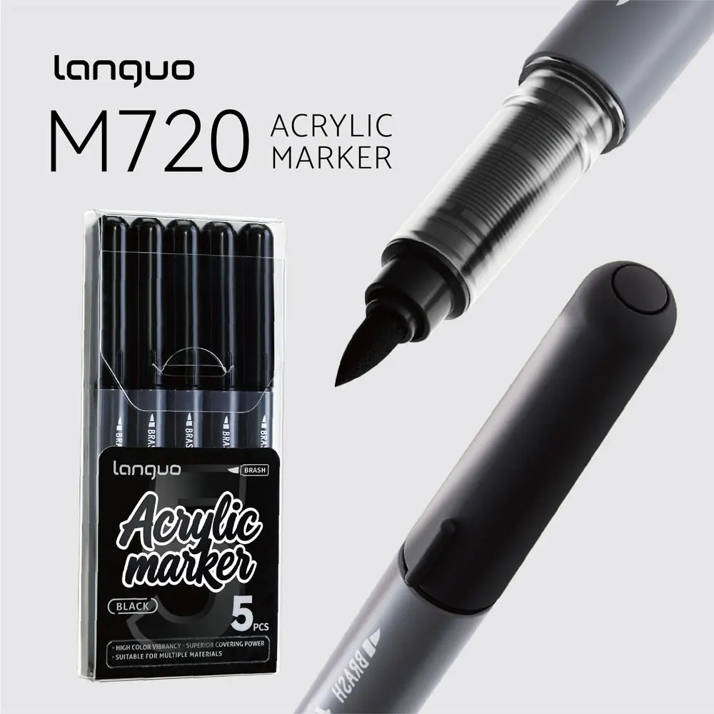 A Languo M720 acrylic marker pen in black, shown with a box of five markers and the pen itself.