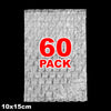 A sheet of clear bubble wrap, packaged in a 60 pack, measuring 10x15 cm.