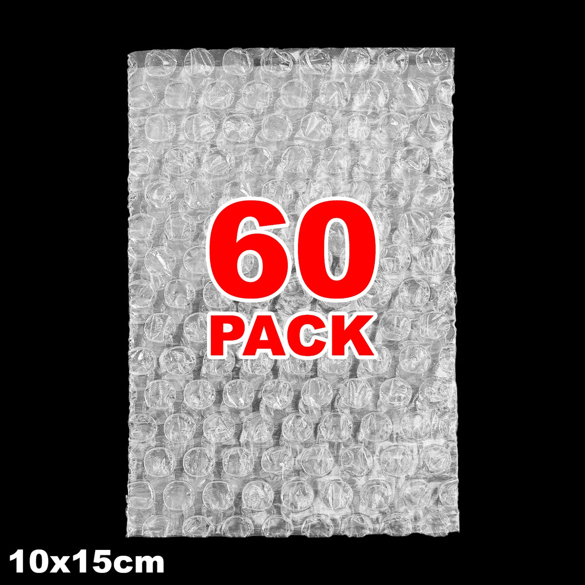 A sheet of clear bubble wrap, packaged in a 60 pack, measuring 10x15 cm.