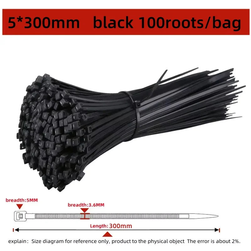 Black heavy-duty nylon cable ties with 100 roots per bag, measuring 5x300mm.