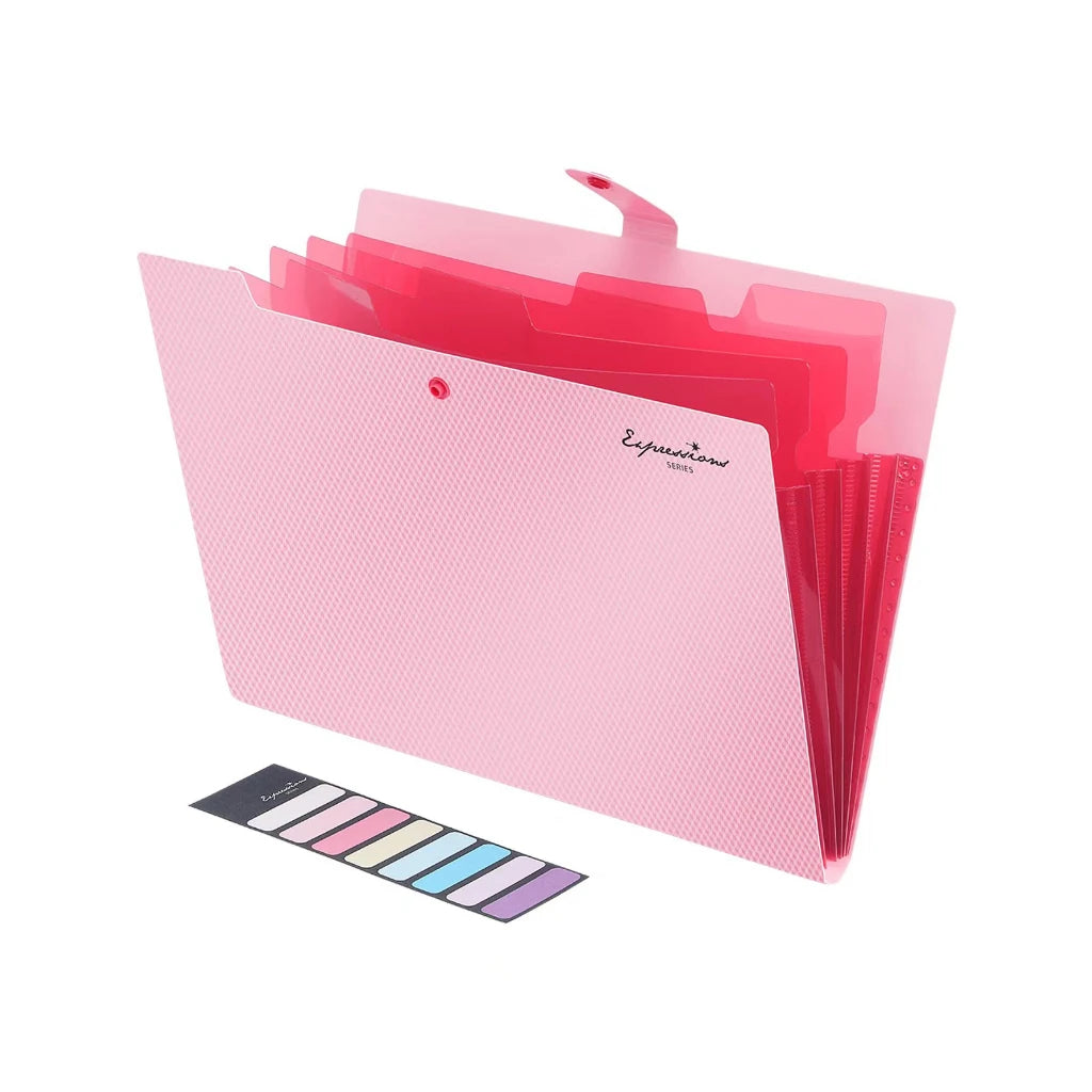 A pink expanding A4 file folder with five clear pockets and a color palette strip.