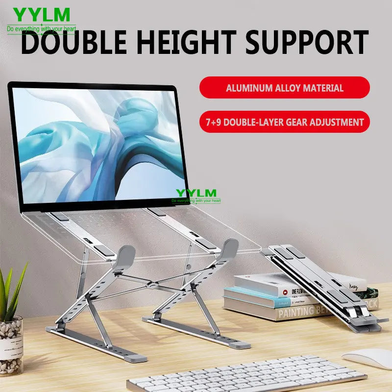 A silver aluminum alloy laptop stand with a dual height support and 7+9 double-layer gear adjustment mechanism.