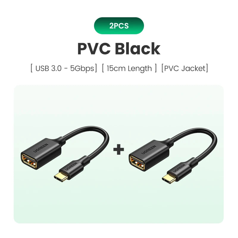 Two black PVC jacket USB 3.0 to 5Gbps adapter cables shown for a USB-C to USB 3.0 OTG adapter.