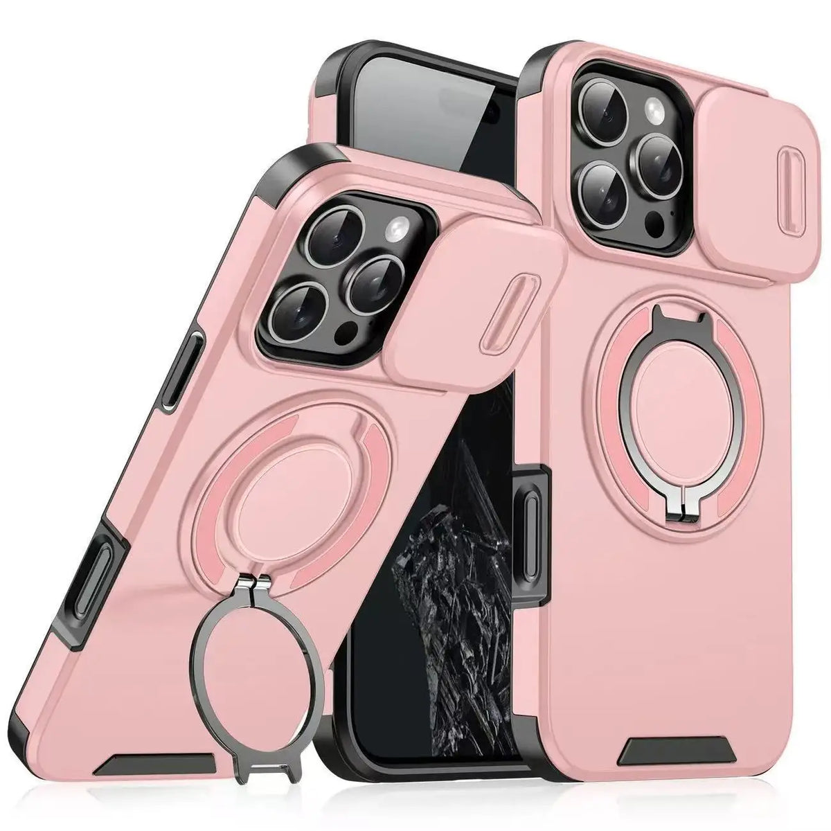 A pink sliding camera lens protection phone case with a kickstand shown from the back.