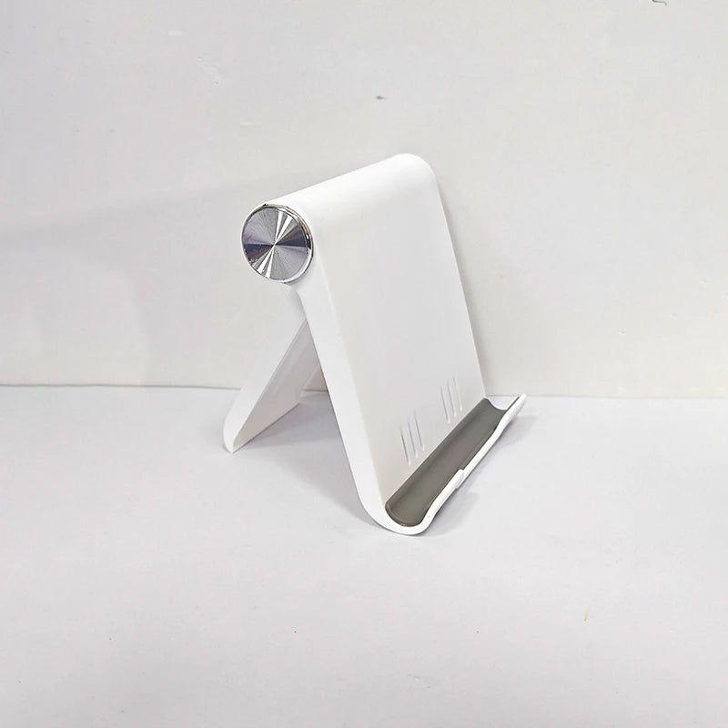Weißer, faltbarer Handy-Ständer mit silberner drehbarer Basis.