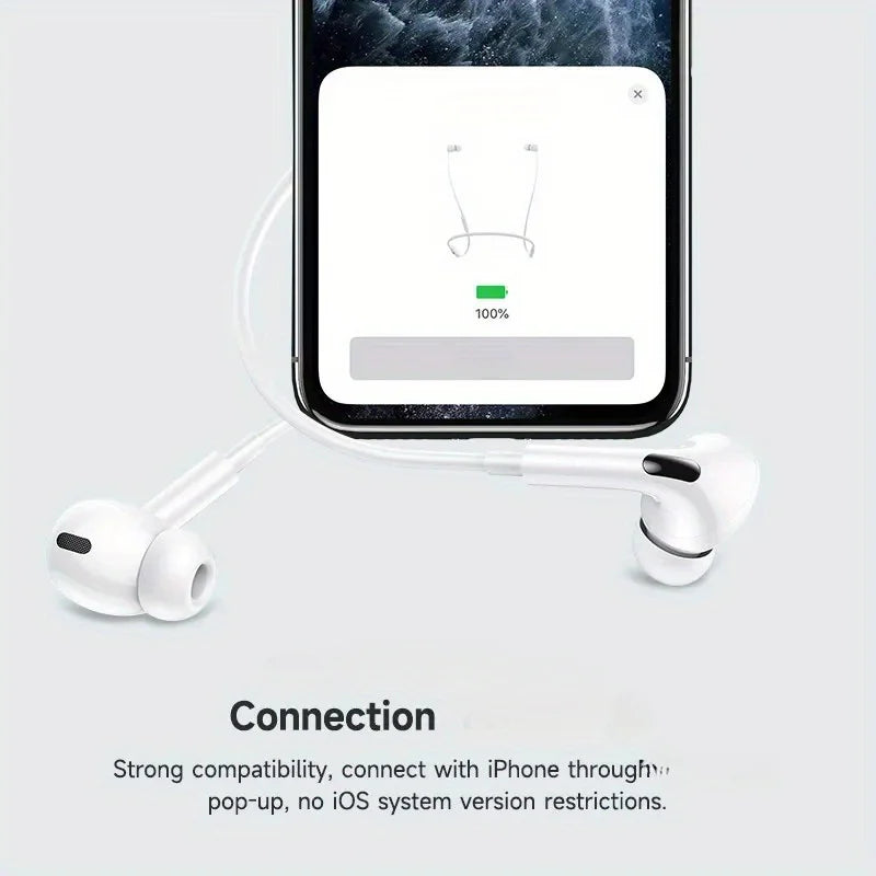 Écouteurs Bluetooth avec fil blanc connectés à un iPhone affichant le statut de connexion.