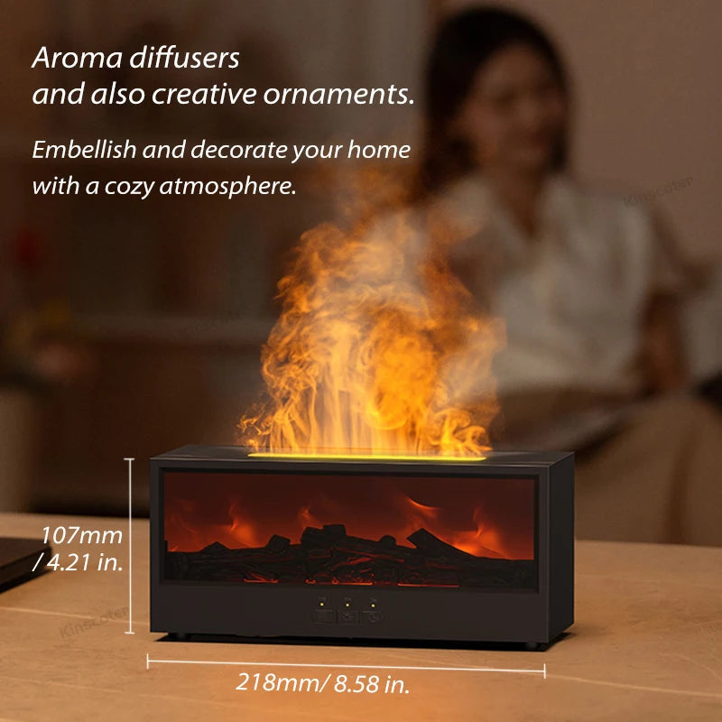 A black aroma diffuser emitting warm orange light and smoke, used for home decoration.