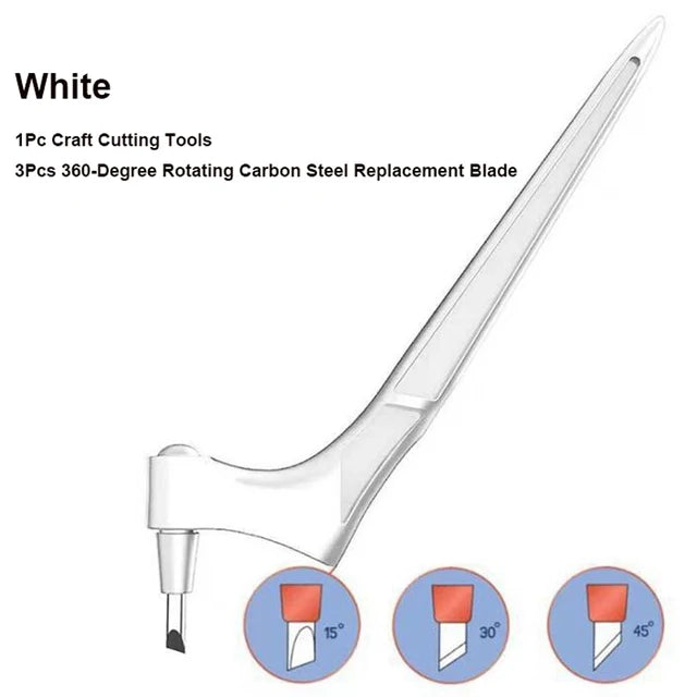 White 1pc craft cutting tool with a replacement blade and various cutting angles shown.