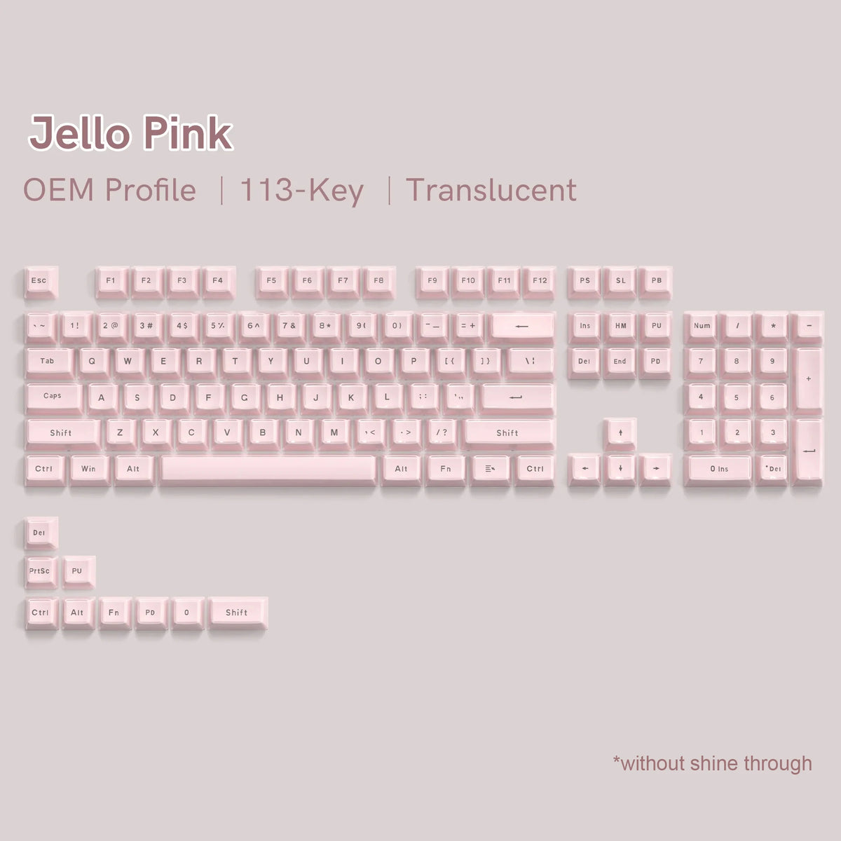Jello Pink OEM profile 113-key translucent keycaps set for mechanical keyboards