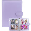 A purple A5 photo album binder for K-Pop collectibles with a clear plastic cover and protective sleeve.