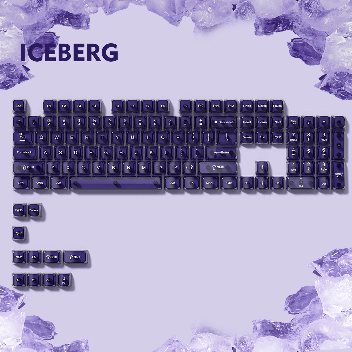 A close-up view of a purple mechanical keyboard with translucent keycaps set against a background of purple ice crystals.