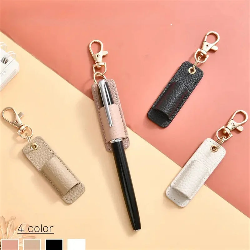 Four color leather pen holder keychain featuring various shades of beige and black.
