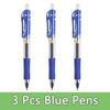 Tres bolígrafos azules mostrados verticalmente, resaltando el diseño y color de los instrumentos de escritura.