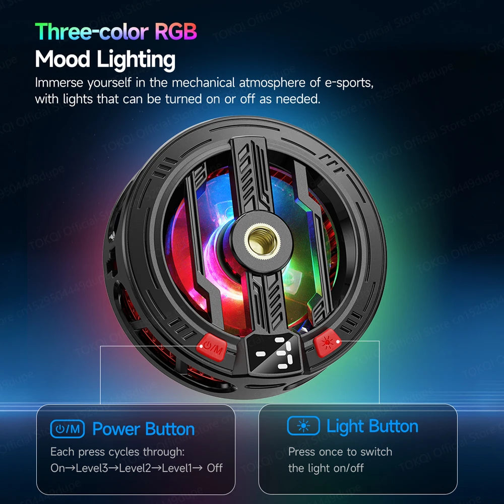 A black magnetic semiconductor phone cooler with a clip-on mount showing three-color RGB mood lighting features.