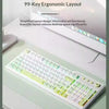 Eine weiße 99-Tasten-ergonomische mechanische Tastatur wird auf einem Schreibtisch gezeigt, die ihr vereinfachtes Design herv