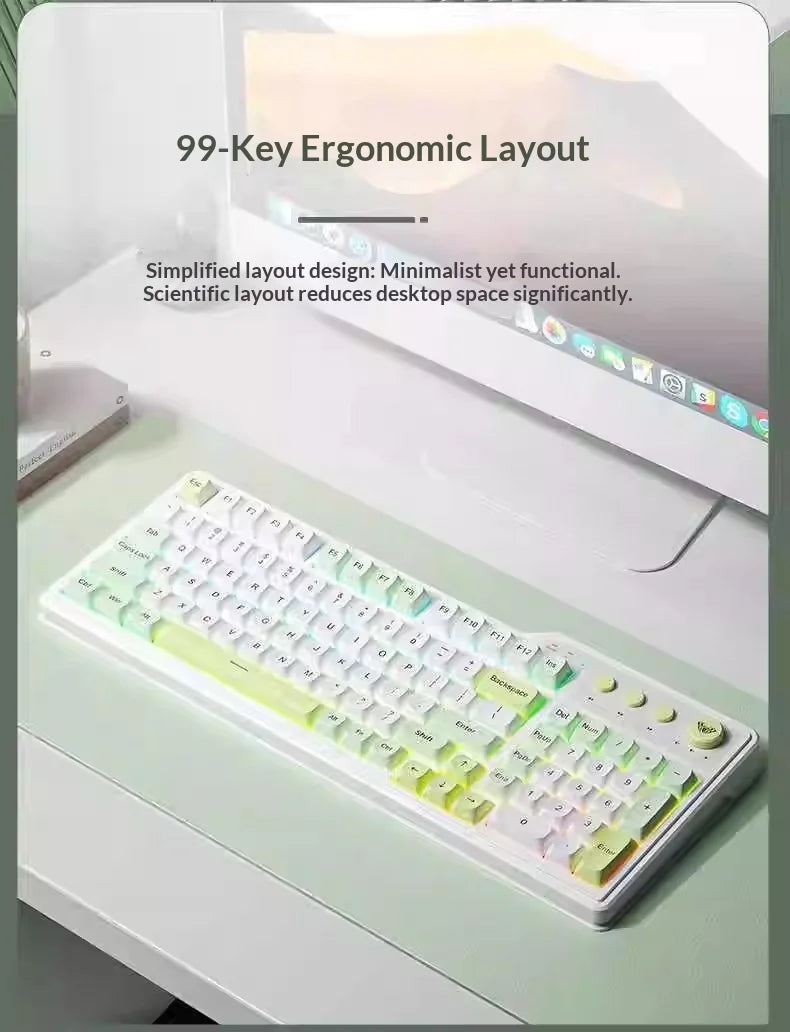 Eine weiße 99-Tasten-ergonomische mechanische Tastatur wird auf einem Schreibtisch gezeigt, die ihr vereinfachtes Design herv