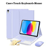 Funda morada para iPad con teclado y mouse Bluetooth desmontables, mostrada junto a la tableta.