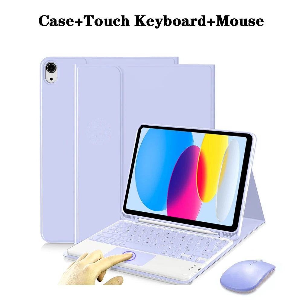 Funda morada para iPad con teclado y mouse Bluetooth desmontables, mostrada junto a la tableta.